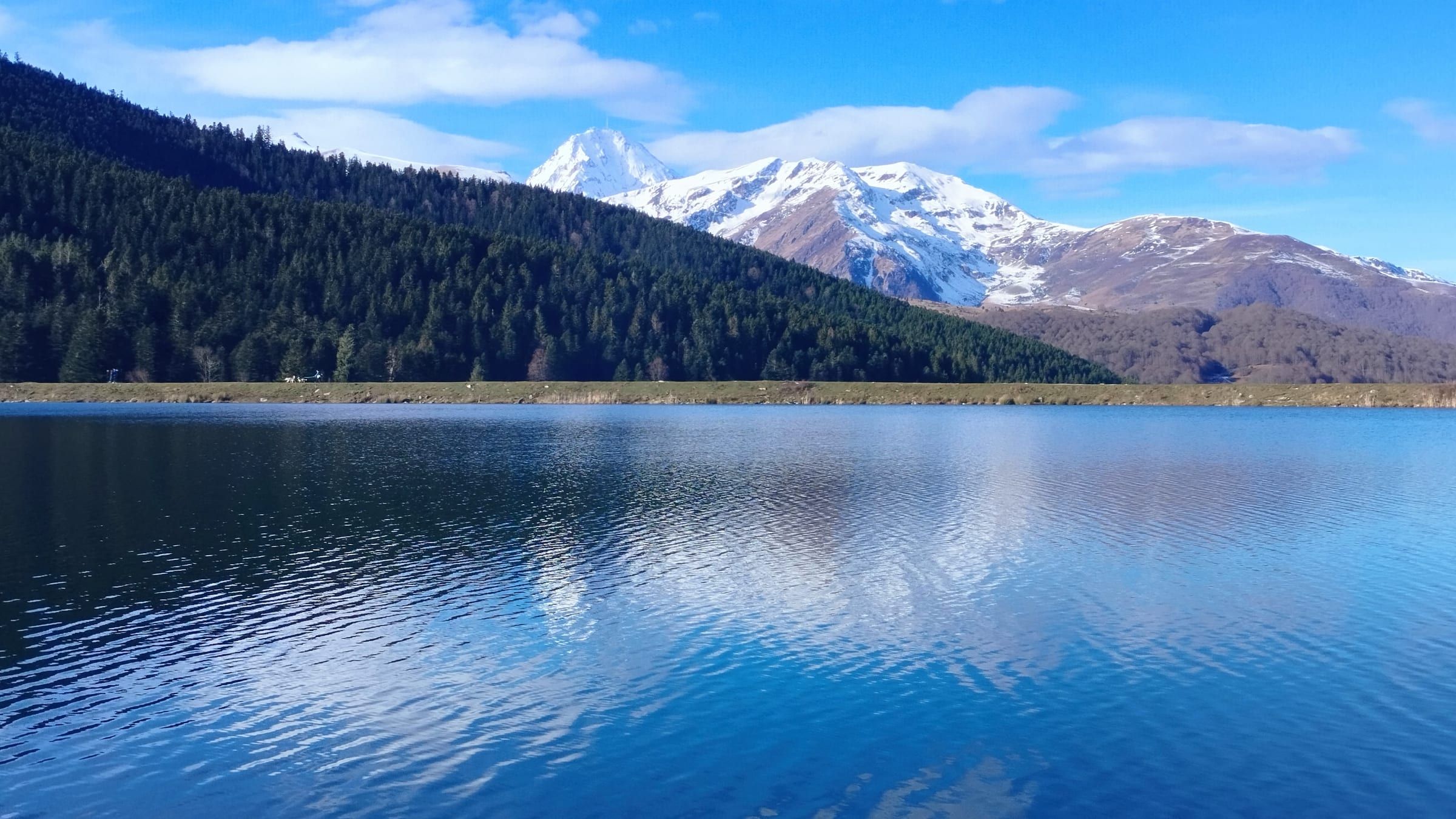 Lac de Payolle bordé de sapins avec les sommets enneigés en arrière-plan